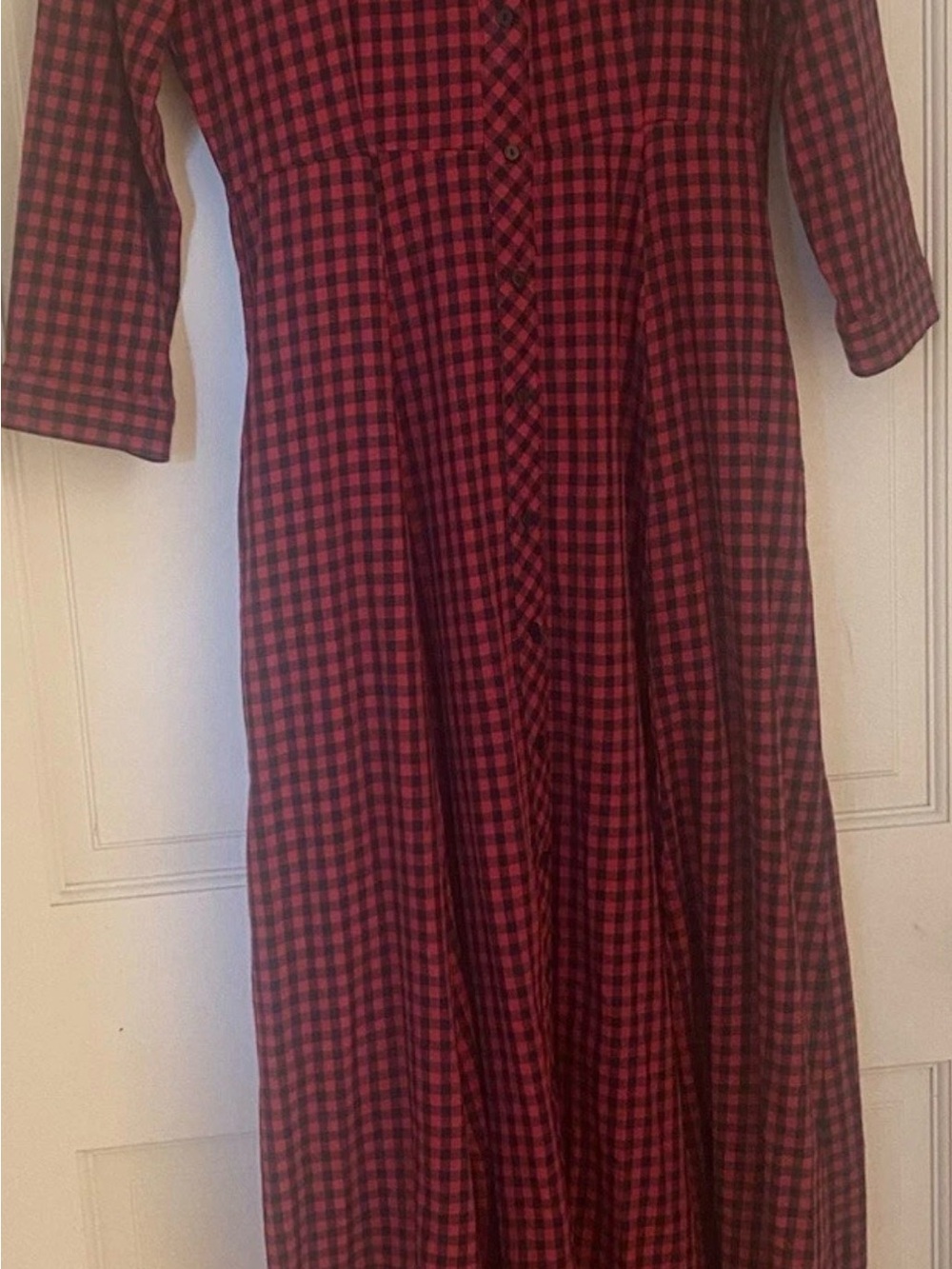 Zara Women Premium Denim Collection XS Plaid Red Maxi Dress Side Pockets